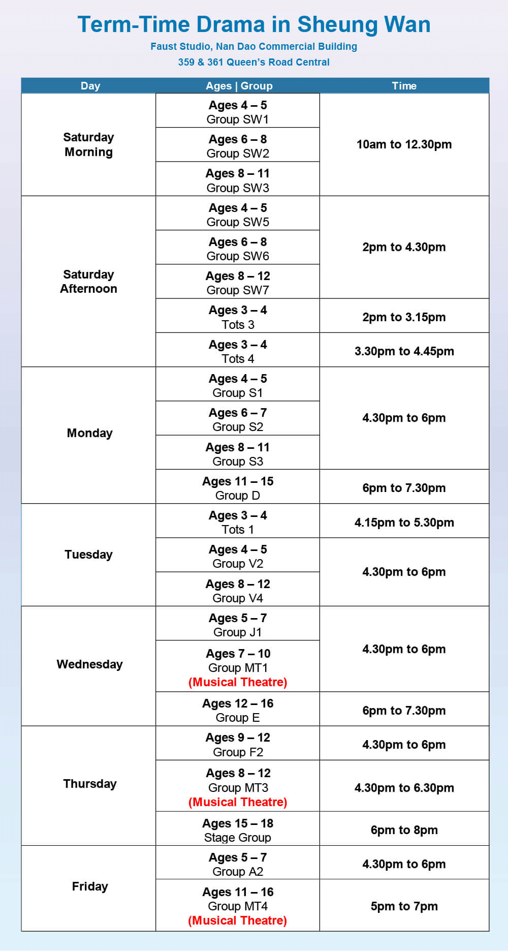Term-Time Drama workshop schedule at the Faust Studios, Sheung Wan